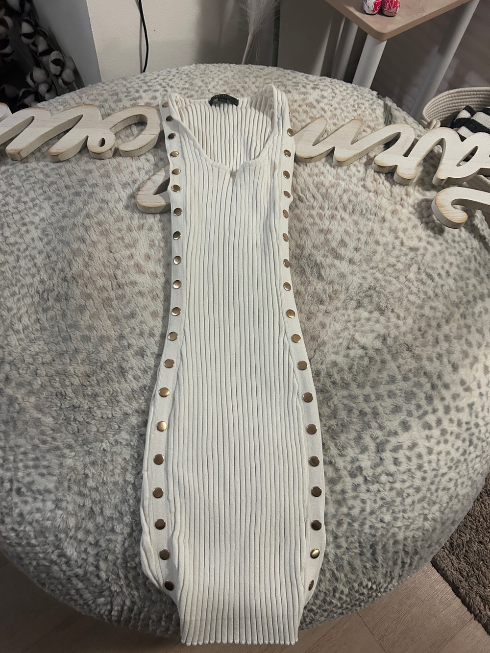 Fashion Nova White Ribbed Midi Dress with Gold Studs
